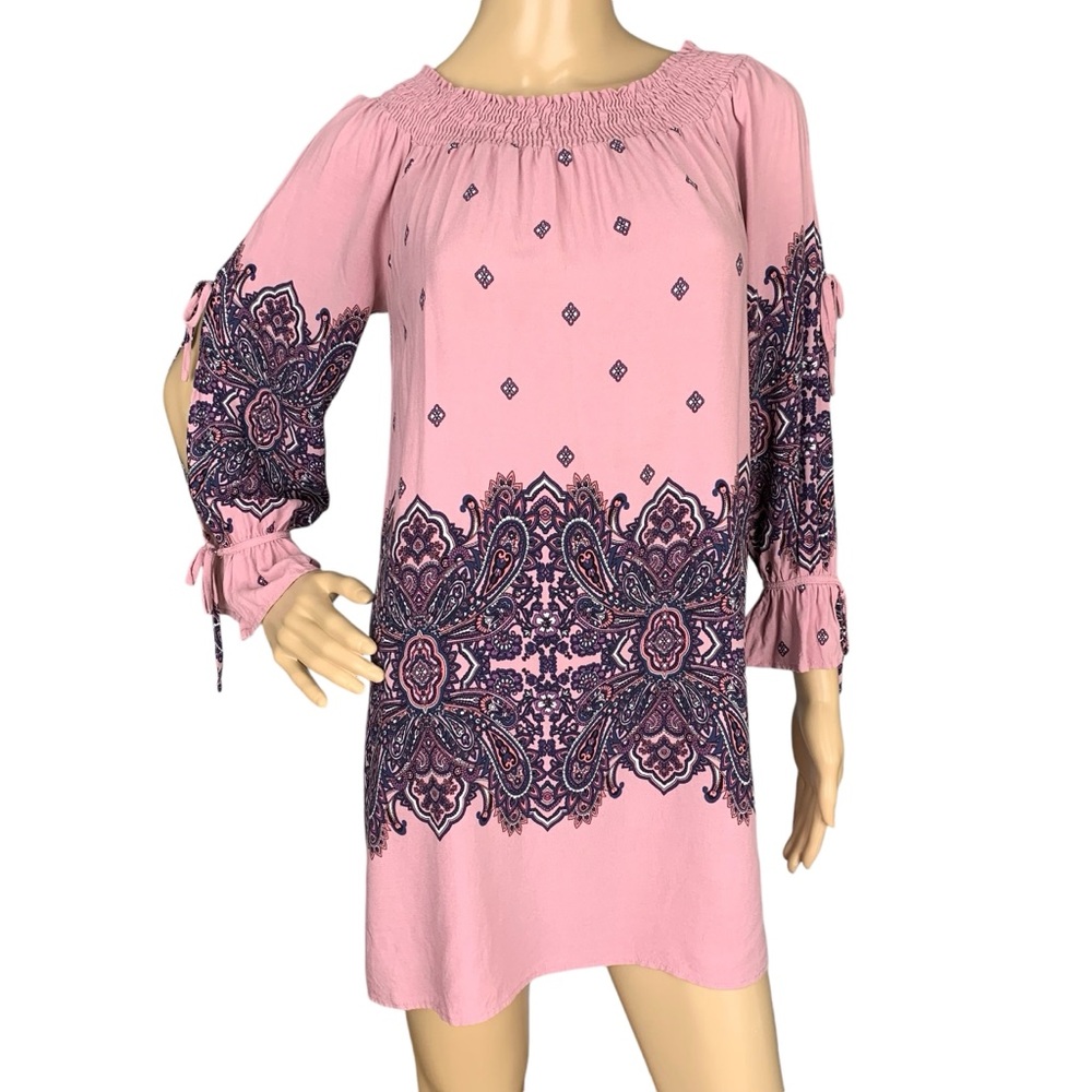 Haute Monde Pink Paisley Smocked Tie Sleeve 70s Style Mini Dress Size Small